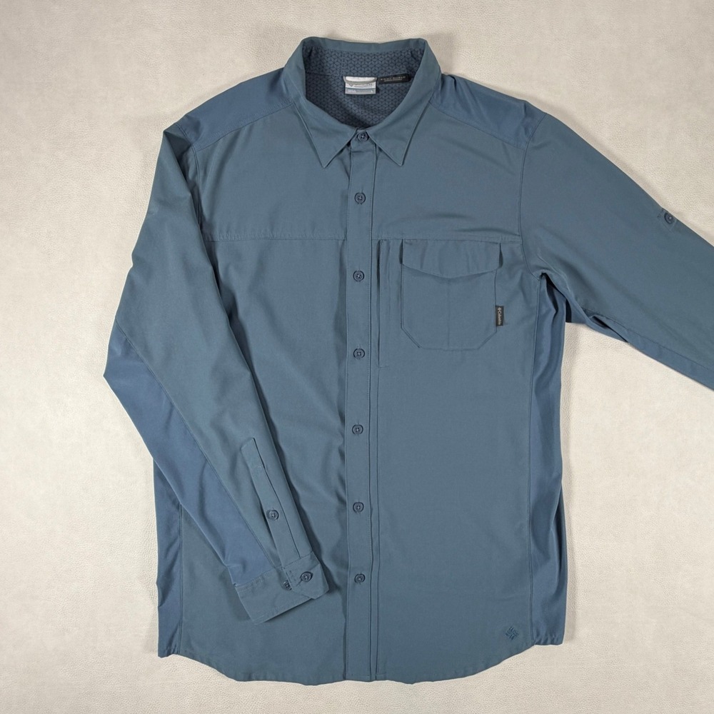 Columbia Shirt Mens Large Blue Gray Omni-Shield Long Sleeve Button Front Stretch